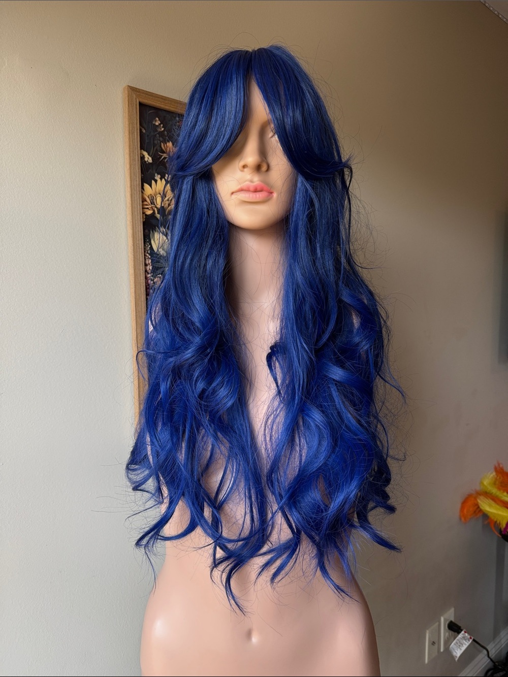Long Wavy Blue Women's Fashion Wig with Curtain Bangs